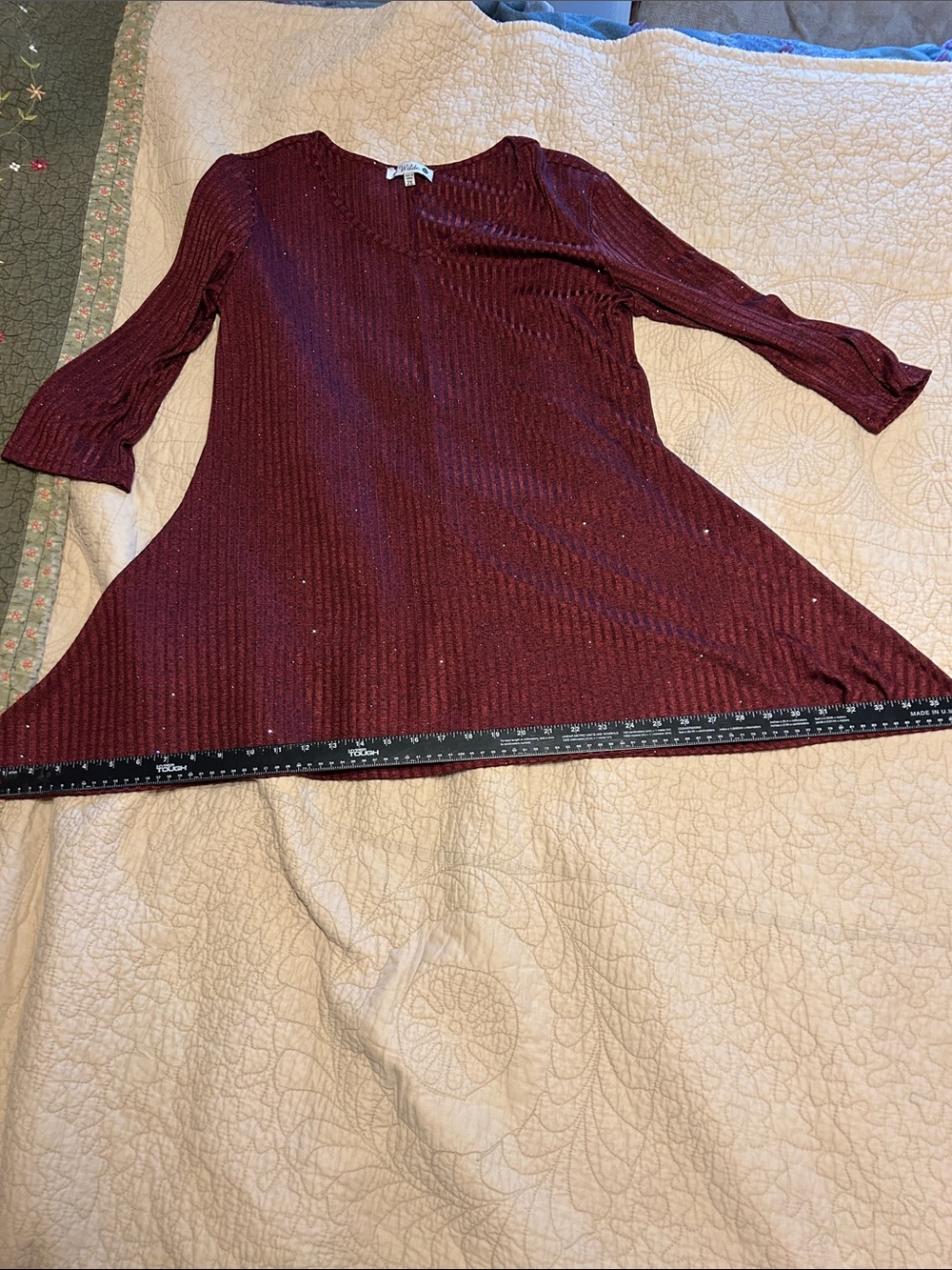 Women's Burgundy Ribbed A-Line Top with 3/4 Sleeves